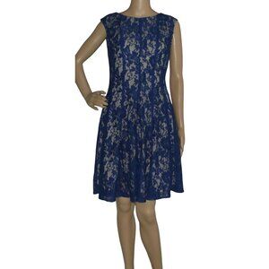 Danny & Nicole Dress Womens Sz 6 royal blue lace nude lining illusion fit flareD